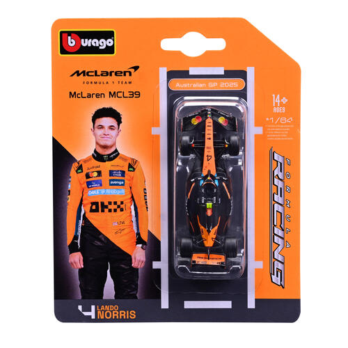 Bburago	比美高1:64 F1挂卡系列-邁凱輪車隊 MCL39（2025 澳大利亚大奖赛）（#4 蘭多&middot;諾里斯）（無頭盔）- 哑光黑/橙色 18-58001#4