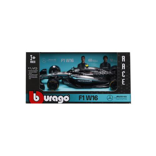 Bburago比美高1:43 F1系列-1:43賓士車隊-AMG F1 W16 E（無頭盔，紙盒版）（2025澳洲大獎賽）（#12安德烈亞&middot;基米&middot;安東內利）（#63 喬治&middot;拉塞爾）-霧黑/銀色