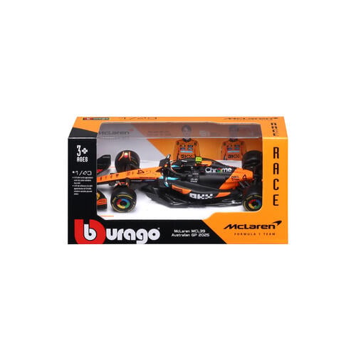 Bburago比美高1:43 F1系列-麥克拉倫 F1 車隊 MCL39 （無頭盔，紙盒版）（2025 澳大利亞大獎賽） （#4 蘭多&middot;諾里斯） - 啞黑色/橙色 18-38248#4