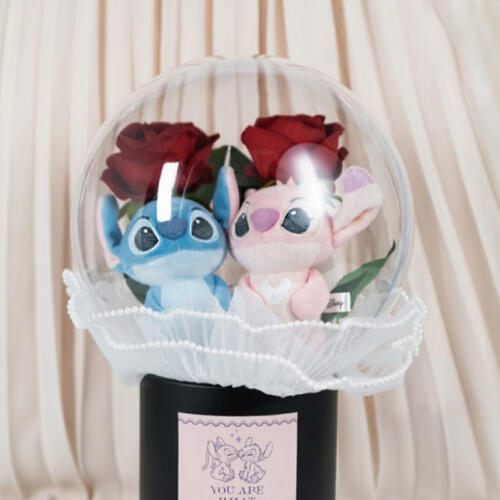 Disney Stitch 迪士尼｜絨毛娃娃花束抱抱桶-史迪奇&天使(紅花款)｜迪士尼娃娃