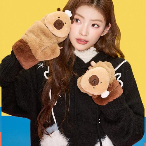 TUNTUNZAI卡皮巴拉	豚豚烘焙坊翻蓋針織手套-棕