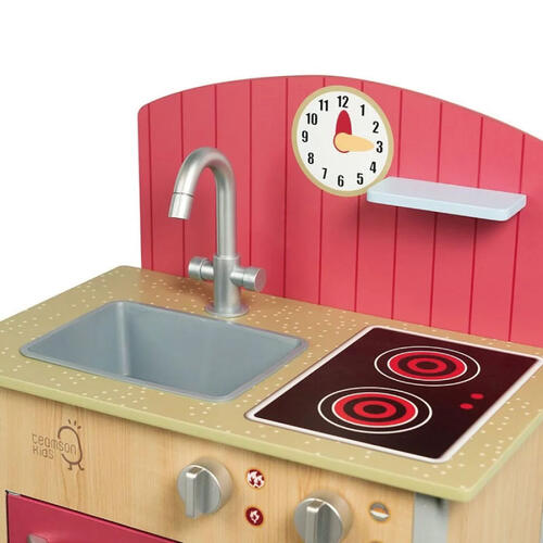 Teamson小廚師波爾多木製家家酒玩具小廚房-木紋/紅色