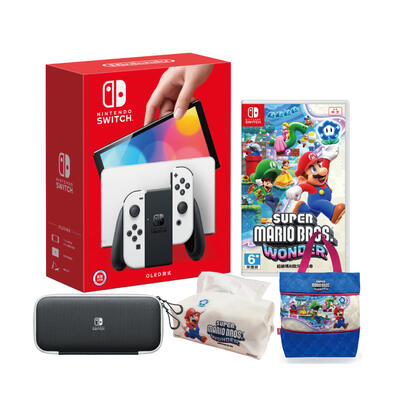 Nintendo Switch（OLED款式）黑色主機 白白手把 亞版+收納包附2款螢幕保護貼+超級瑪利歐兄弟 驚奇 亞中版附贈品