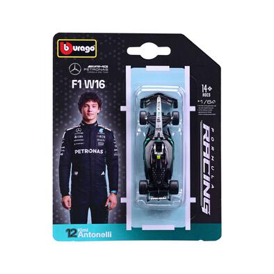 Bburago比美高1:64 F1掛卡系列-梅賽德斯-AMG F1 W16 E性能版（2025澳大利亞大獎賽）（#12安德里亞&middot;基米&middot;安東內利）（無頭盔）-銀色/啞光黑 18-58002#12